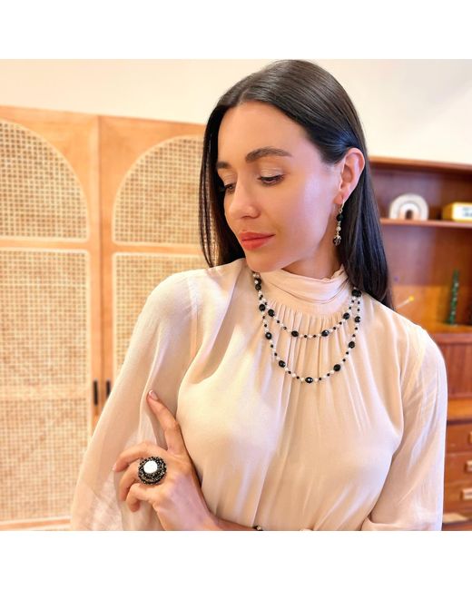 Farra Black Romantic Style Oval Obsidian With Freshwater Pearl Long Necklace