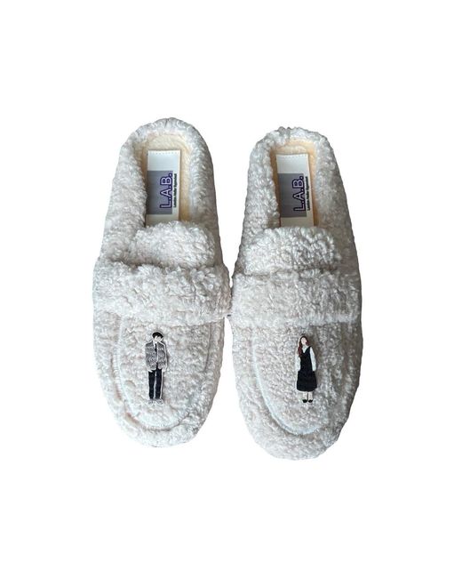 London Atelier Byproduct Blue Neutrals Shearling Mules With Embroidery Patches