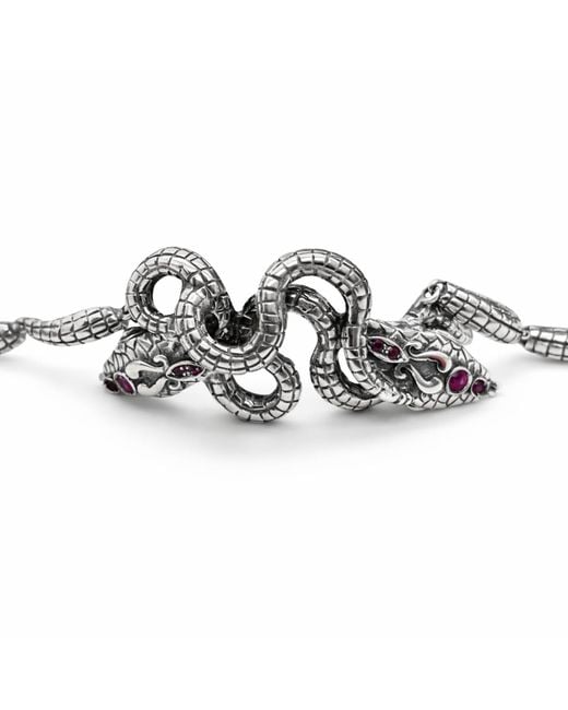 Unaloe Metallic Sterling Double Snake Bracelet With Natural Rubies – Italian Serpent Jewelry, Luxury Statement Bracelet For