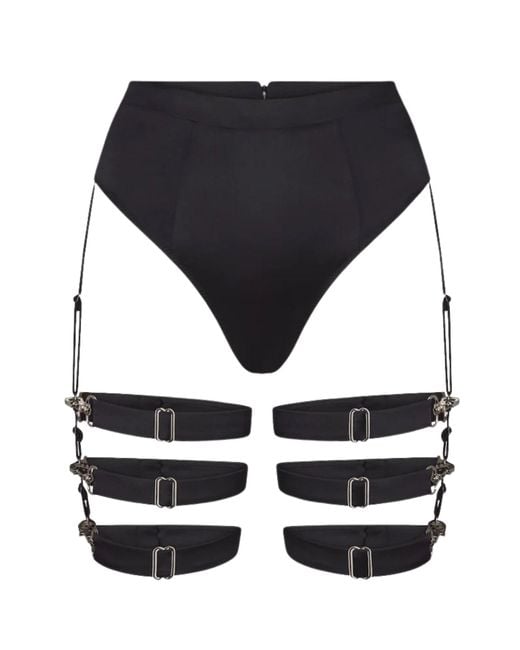 Lunatic Femme Black Supper Club High-Waisted Silk Thong Harness W/ Detachable Garters