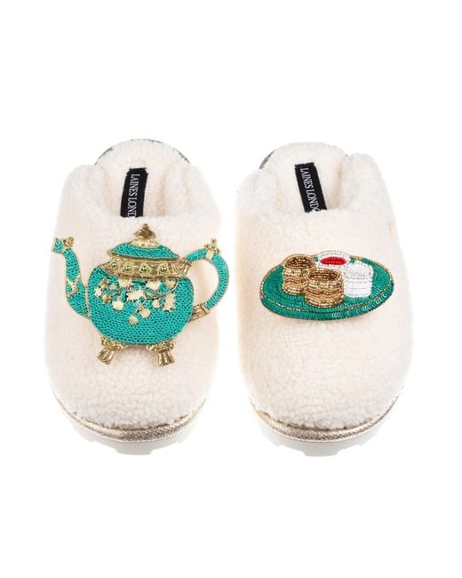 Laines London Blue Neutrals Laines X Juliet Teddy Closed Toe Slippers With Tea & Scones Brooches