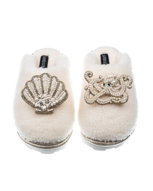 Laines London Metallic Teddy Closed Toe Slippers With Pearl Beaded Octopus & Shell Brooches