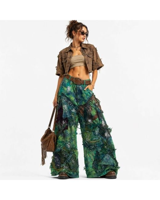 Zasta Studio Green Wearable Ruins Shredded Wide Leg Colored Denim Pants A