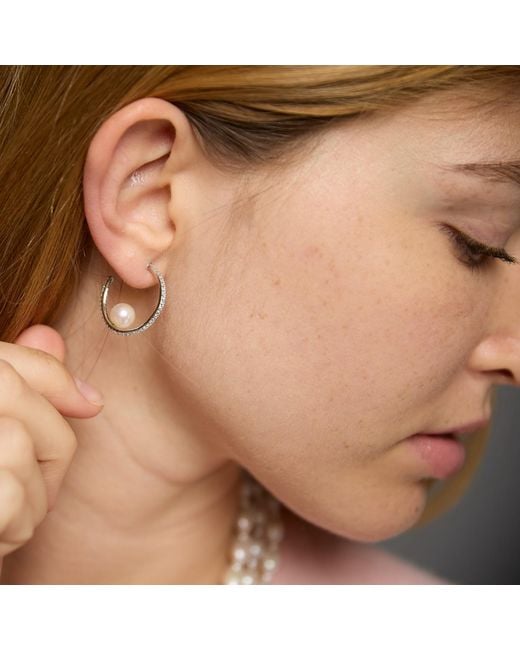 Pearls of the Orient Online White Stella Large Pave Hoop Earrings With Cultured Freshwater Pearls