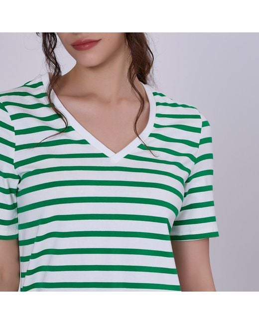 Smart and Joy Green V Neck Stripes Cotton T-Shirt