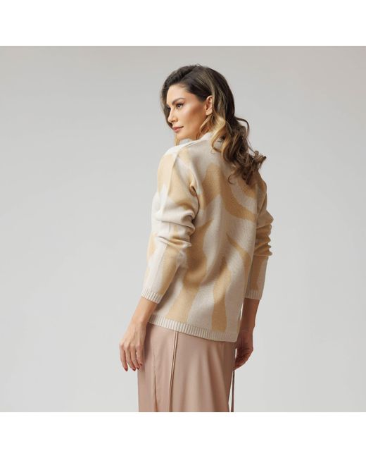 concept A trois Natural Neutrals Cream& Printed Cardigan With V Neckline, Knitted, With Crystal Buttons