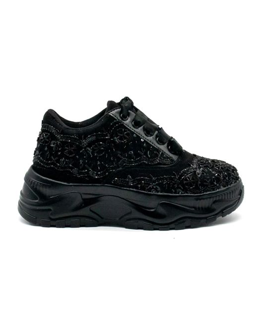 Rettrose Black Ava Luxury Noir Suede Handmade Embellished Trainers