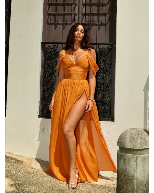 Miss Circle New York Orange Jelani Layered Mesh High-Slit Drape Maxi Dress