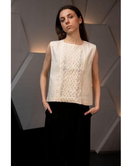Stovaria Green Hand-Stitched Cotton Panel Statement Sleeveless Top