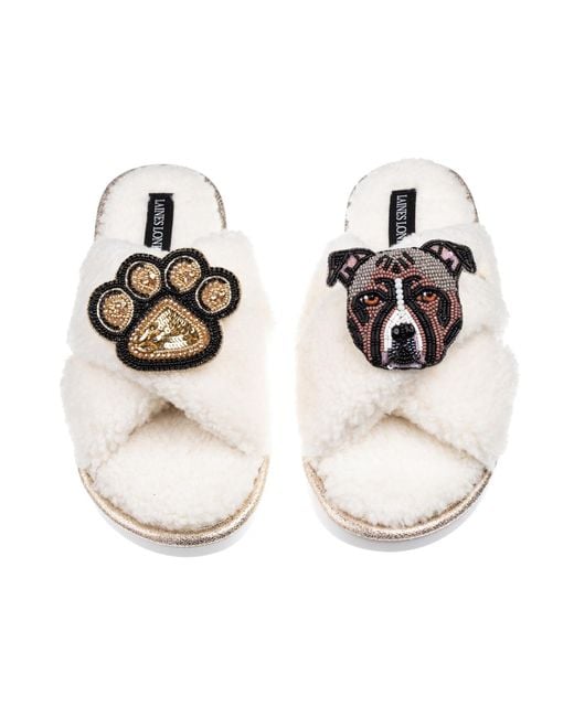 Laines London White Neutrals Laines Neutral Boucle Slippers With Luna-Rose Staffy & Paw Brooches