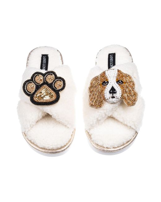 Laines London Metallic Neutrals Laines Neutral Boucle Slippers With Lady The King Charles & Paw Brooches