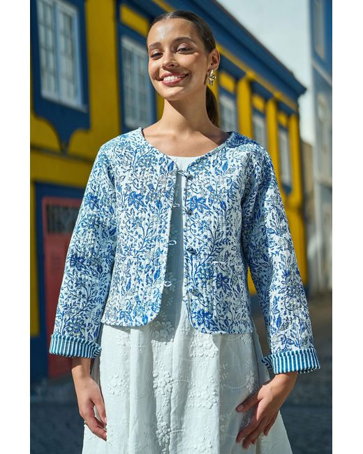 Yumi' Blue Boho Floral Print Cropped Reversible Cotton Quilted Jacket