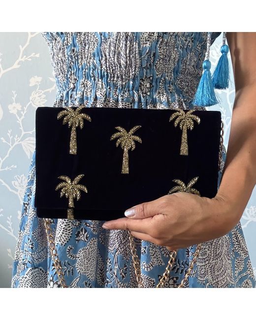 Pick Happy Blue Velvet Mini Clutch Bag With Beaded Palm Trees