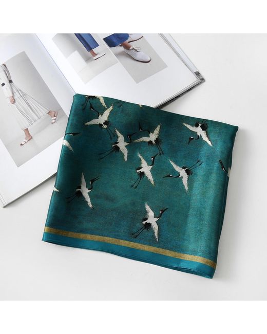 Soft Strokes Silk Green Pure Silk Scarf Ink & Colour By Zhao Ji Auspicious Crane Long