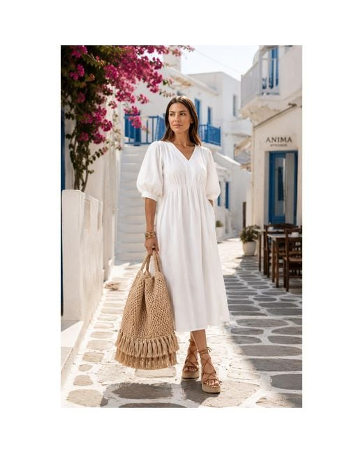 IZABELA MANDOIU White Cotton Midi Dress With Puff Sleeves