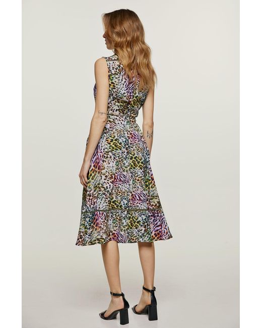 Conquista Green Animal Print Sleeveless Dress With Belt