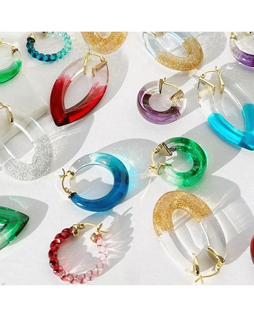 Gold & Honey Blue Aqua Ombre Marquise Lucite Hoop Earrings