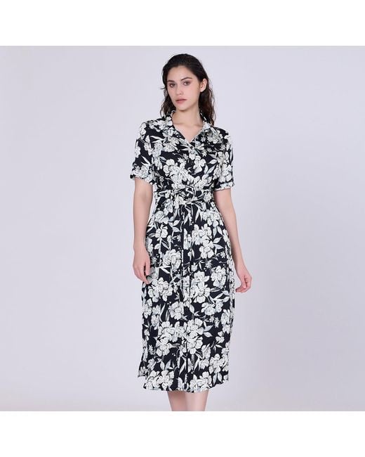 Smart and Joy Black Macro Flower Print Midi Shirt-Dress