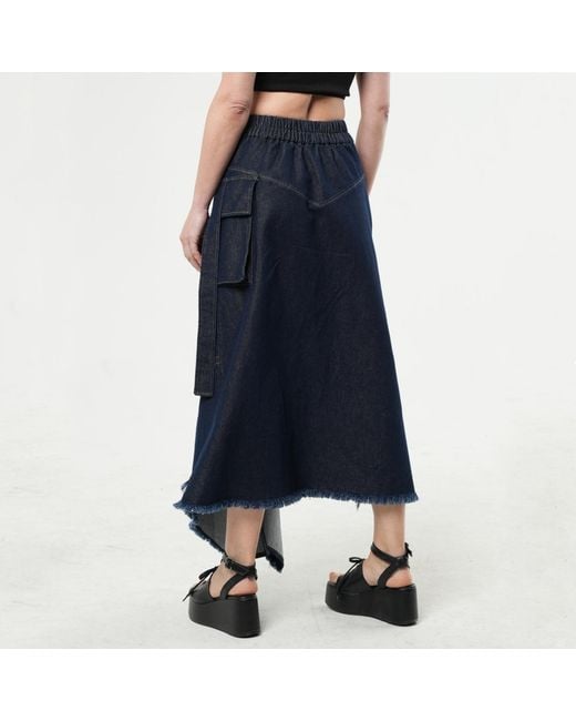 Metamorph Blue Asymmetric Dark Denim Skirt With Zippers