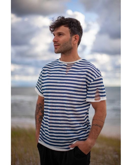 SALANIDA Blue Energia Ripped Linen T-Shirt