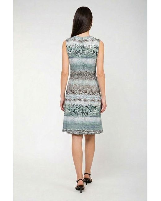 Conquista Blue Elegant V-Neck Printed Midi Dress With Flowing Silhouette