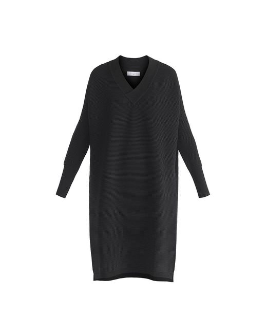 Paisie Black V-Neck Ribbed Jumper Dress
