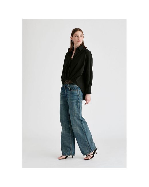 Paisie Black Two-Piece Pleated Waist Shirt Set With Lace Cami Underlay