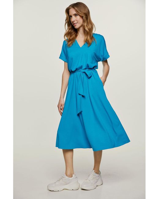Conquista Blue Turquoise Jersey Belted Midi Dress