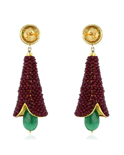 Artisan Red 14k Gold 925 Silver With Beaded Ruby & Emerald Pave Diamond Designer Earrings