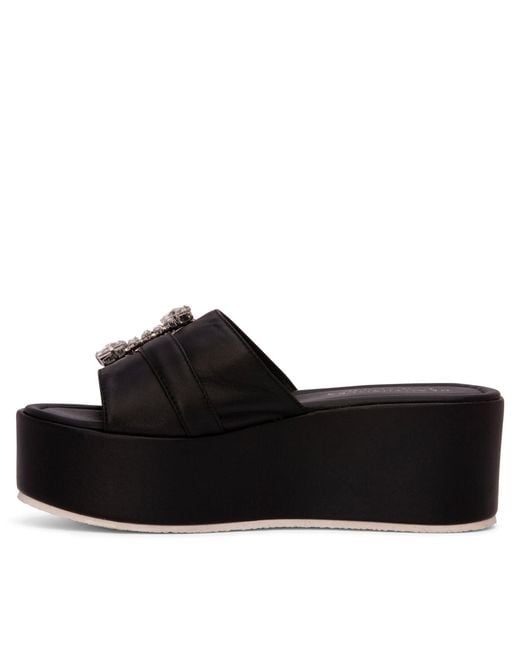 Beautiisoles by Robyn Shreiber Made in Italy Black Dita Leather Comfortable Wedge Sandal Espadrille Slide With Jewelry For Elegant Work & Evening