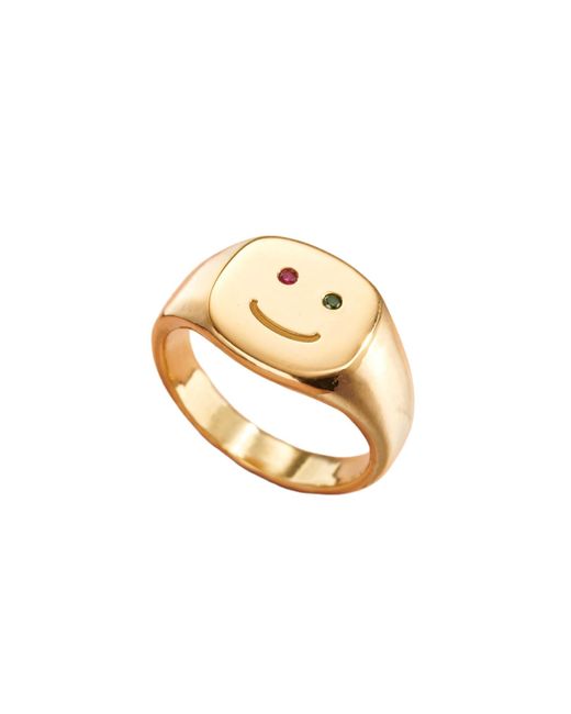 Posh Totty Designs Metallic Gold Plated Emerald And Ruby Smiley Face Signet Ring