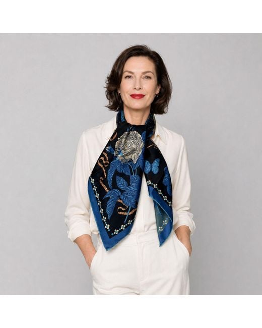 Wenzi Blue Midnight Roses Hand Painted Pattern Double Sided Silk Twill Scarf