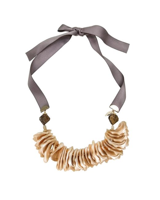 Farra Metallic Giant Shell Pendant With Silk Ribbon Statement Necklace