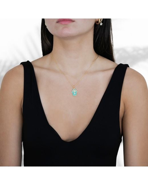 Ebru Jewelry Blue Good Vibes Enamel Hamsa Necklace Gold