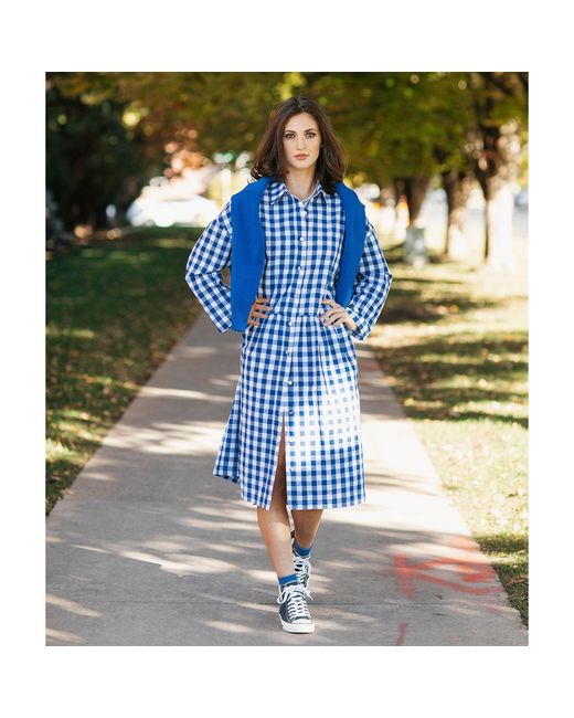 Zenzee Blue Cotton Linen Gingham Shirt Dress Cobalt