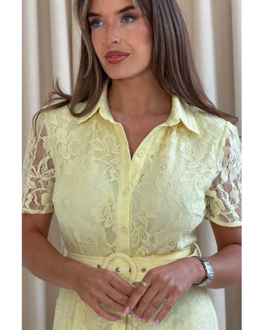 Girl In Mind Yellow Tansy Short Sleeve Lace Shirt Dress