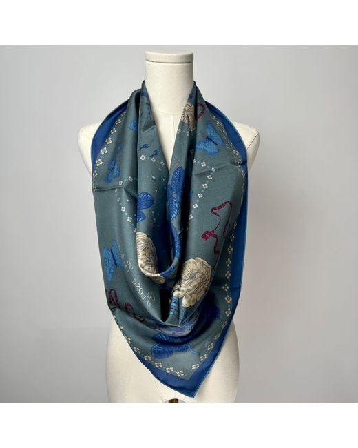 Wenzi Blue Midnight Roses Hand Painted Pattern Double Sided Silk Twill Scarf