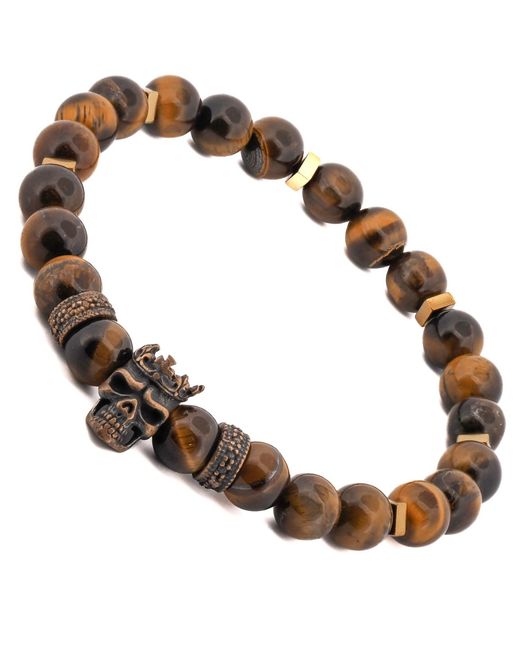 Ebru Jewelry Brown King Skull Tiger's Eye Stone Beaded Bracelet for men