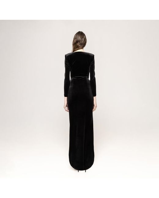 Nissa Black Floral-Detailing Velvet Dress