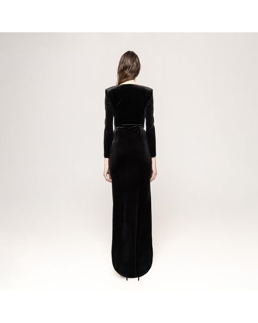 Nissa Black Floral-detailing Velvet Dress