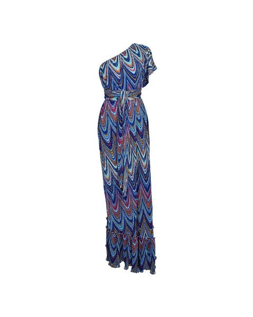 Jennafer Grace Blue Hallucinogen Plume One Shoulder Maxi Dress