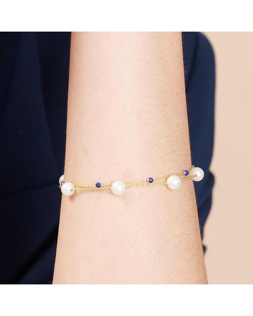 Pearls of the Orient Online Metallic Credo Fine Double Chain Bracelet With Cultured Freshwater Pearls & Lapis Lazuli
