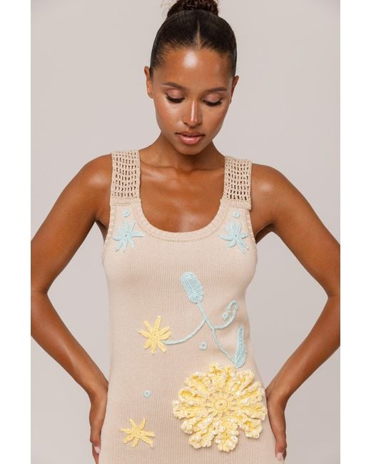 Andreeva Metallic Neutrals Butter Daisy Knit Dress With Handmade Embroidery
