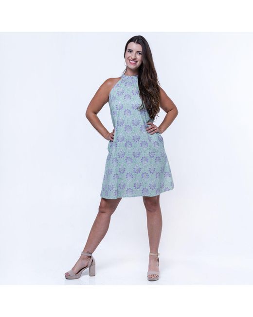 House of Gl Blue Lyra Cotton Mock Neck Sleeveless Dress With Pockets