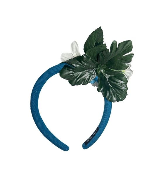 Natalia Petruch Blue Liora Striped Velvet Flower Headband – Small & Faux Flowers, Handmade Delicate Statement Hair Accessory