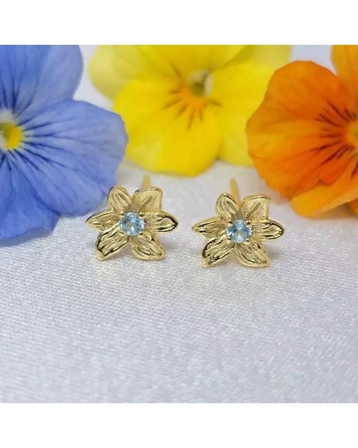 Harfi Metallic Aquamarine March Birthstone Daffodil Birthflower Plated Stud Earrings