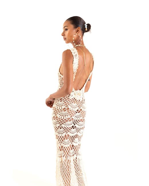 Andreeva White Neutrals Pearl Handmade Maxi Crochet Dress