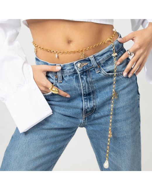 Eyeconic by Samar Ajram Metallic Chain Belt With Pearl Flower Charms
