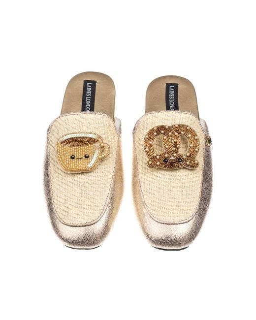 Laines London Metallic Neutrals Classic Mules With Laines Lovables Hot Chocolate & Pretzel Brooches