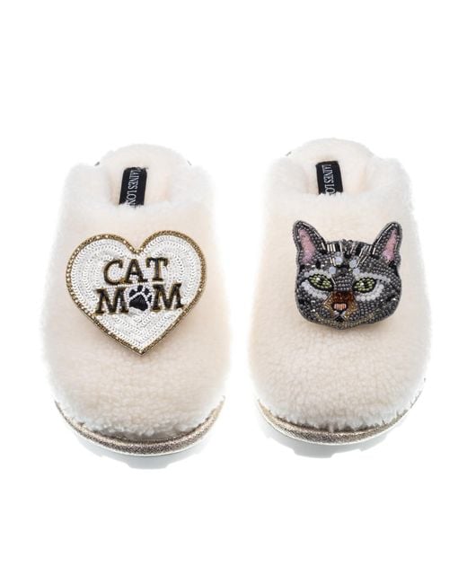 Laines London Metallic Teddy Closed Toe Slippers With Pebbles Cat & Cat Mum Mom Brooches